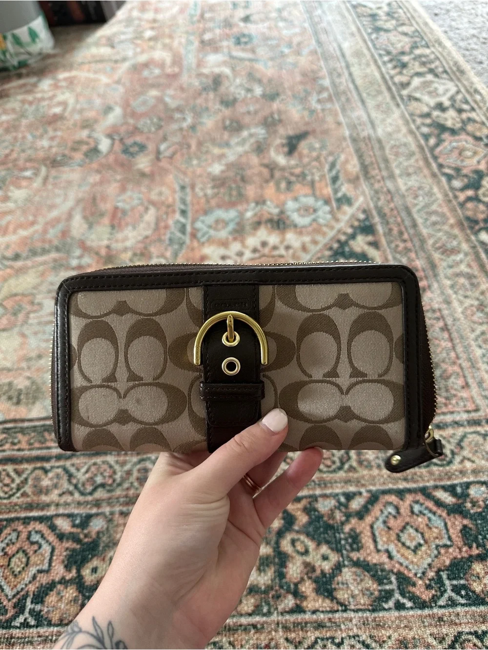 Coach Taupe and Dark Brown Signature Zip Wallet with Gold Buckle